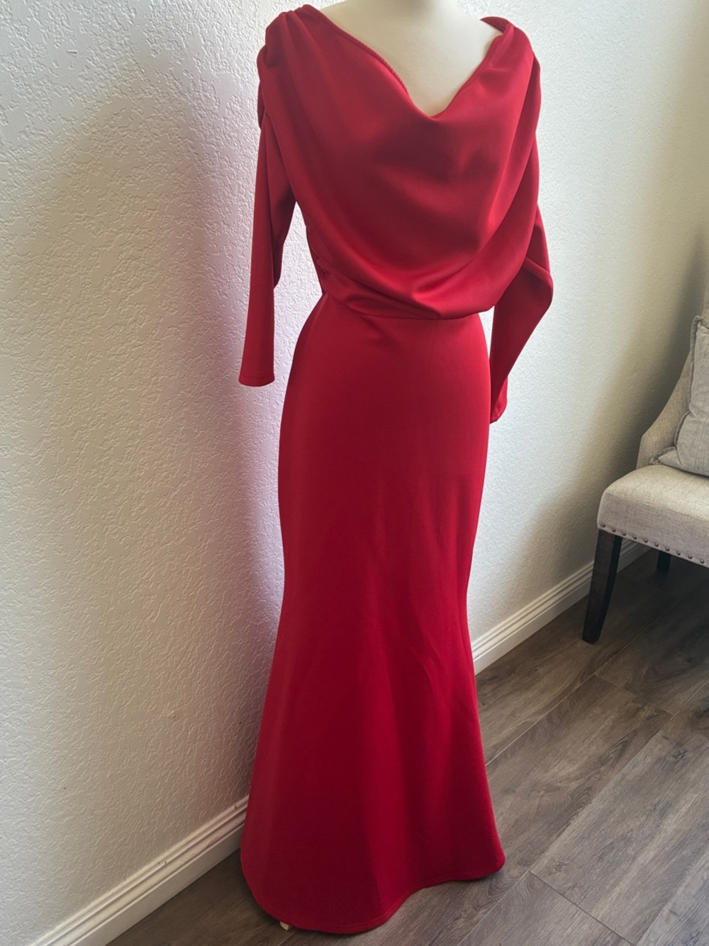 Red Cowl-Neck Long Sleeve Evening Gown